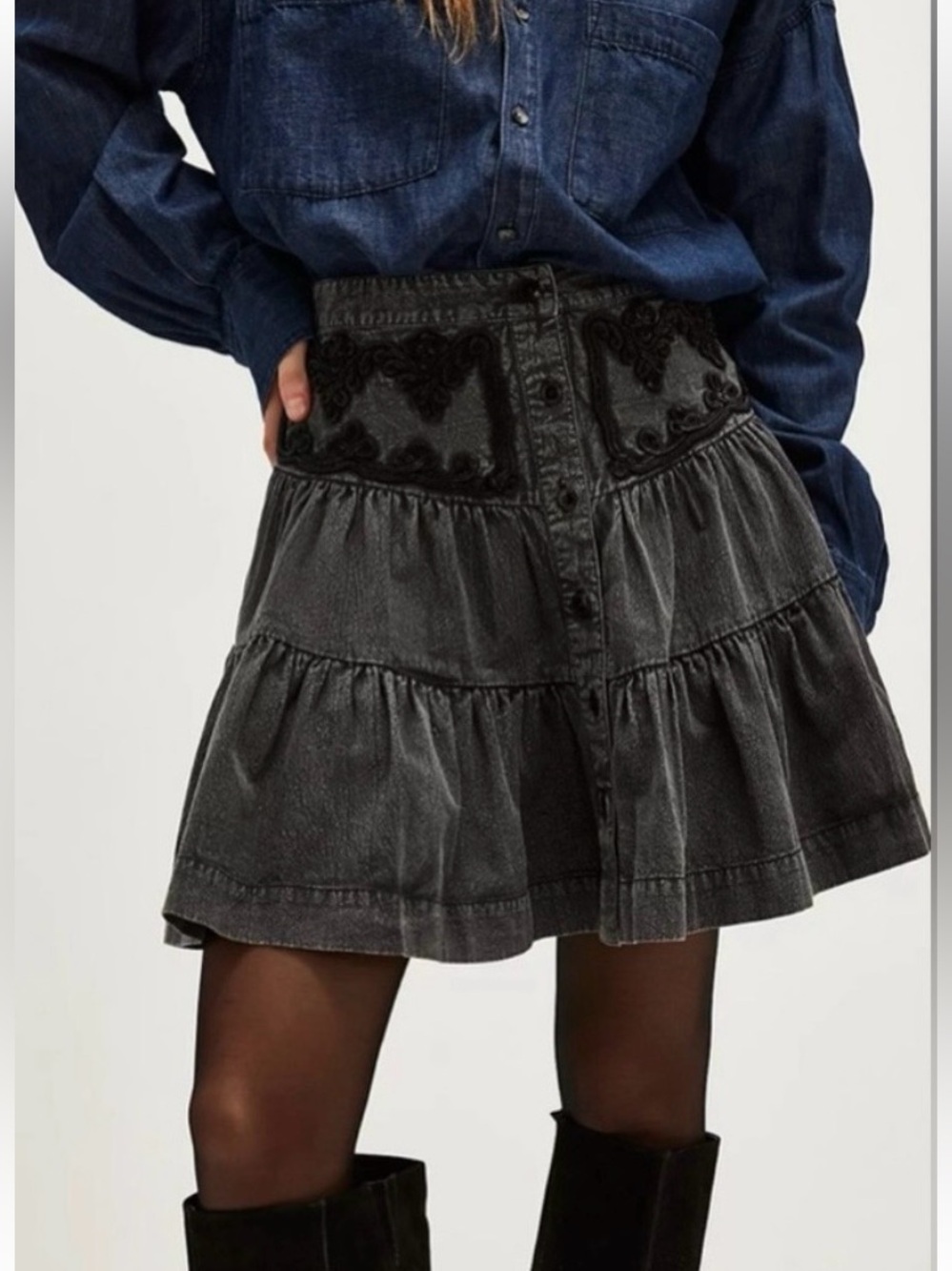 Free People Washed Black Tiered Skirt with Embroidered Waist